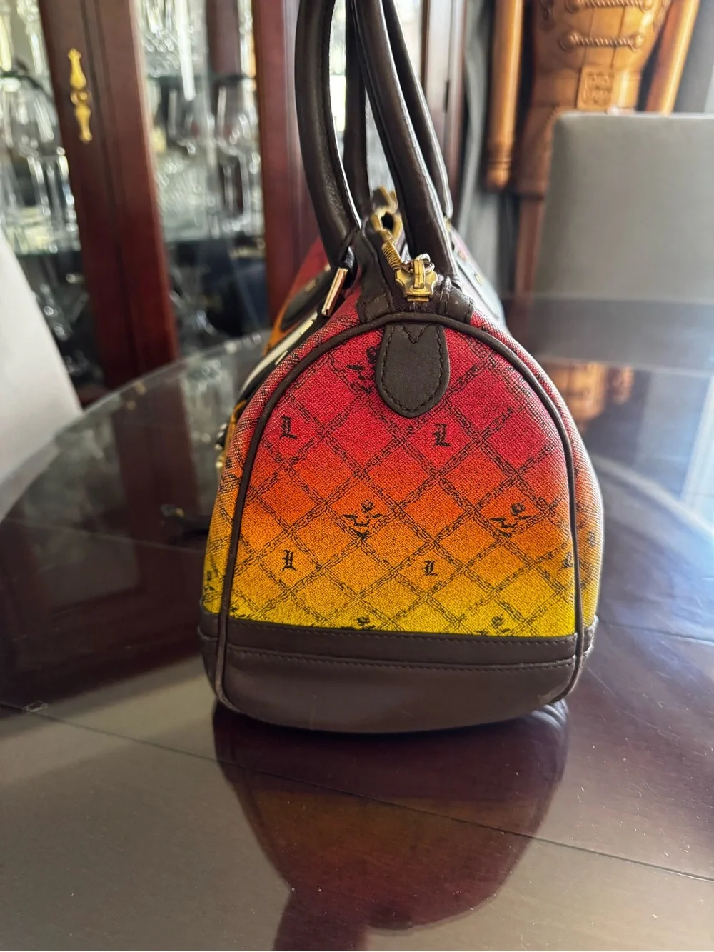 L.A.M.B. Gradient Red-Orange-Yellow Satchel with Brown Trim